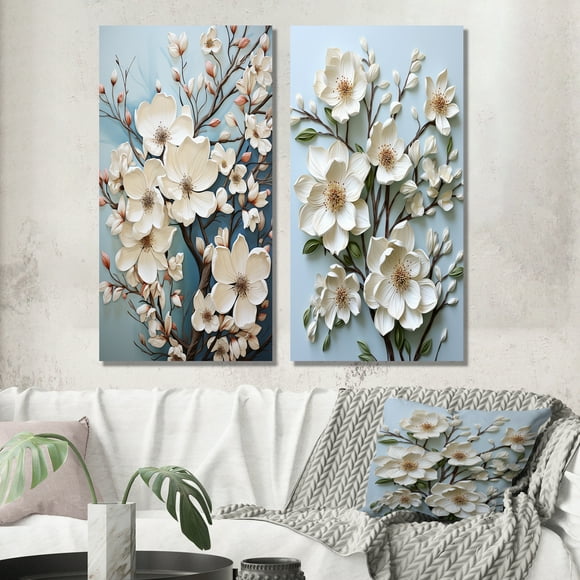 Designart "Dogwood Field Pointillism composition V" Dogwood Wall Art Set Of 2 - White Floral Canvas Set For Living Room Decor
