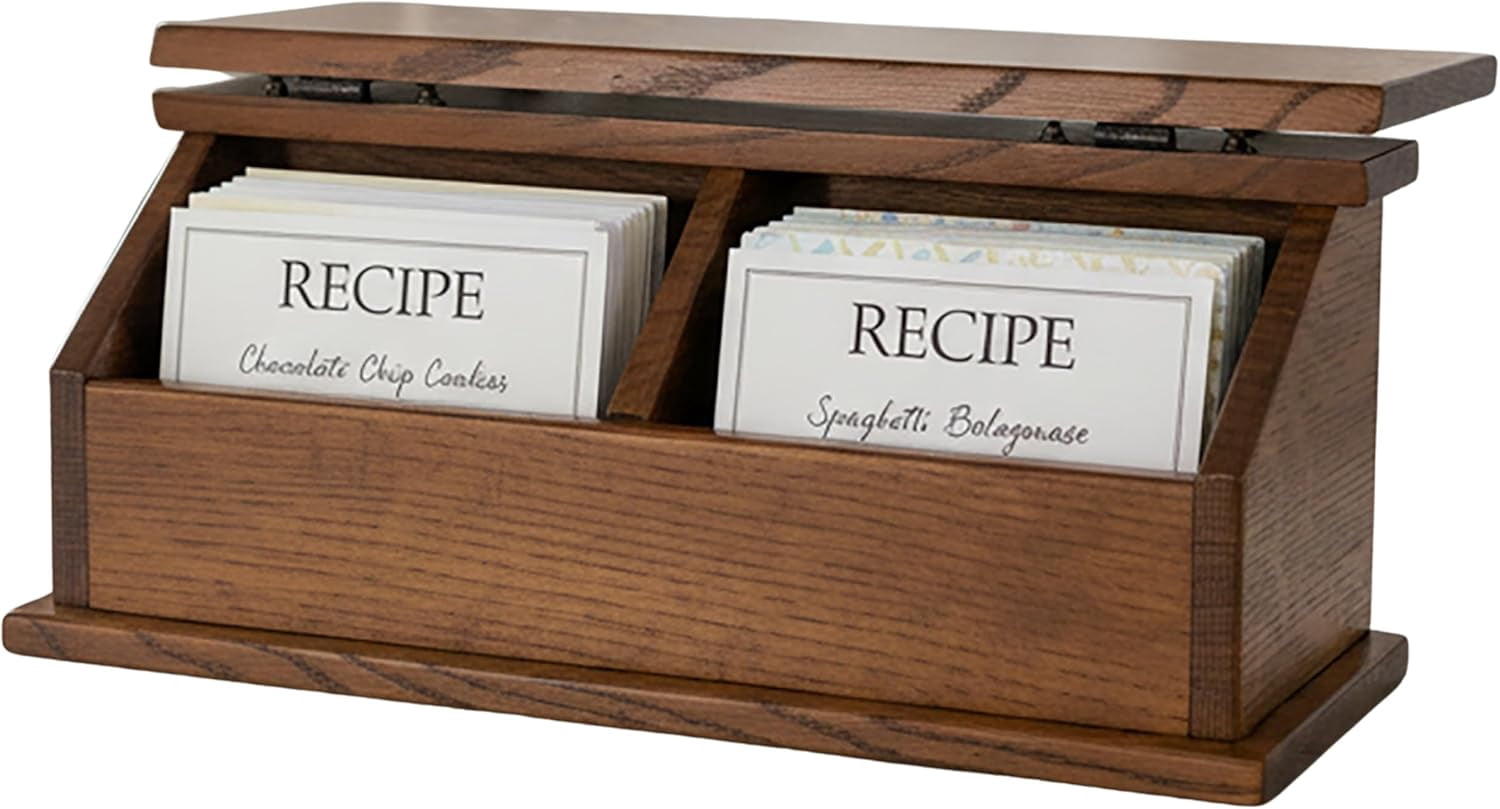 DutchCrafters Solid Quarter Sawn Oak Wood Double Recipe Card Holder for Baking, Cooking - Kitchen Decor & Organization Box, Holds 4x6 or 3x5 Cards - Amish Made in USA