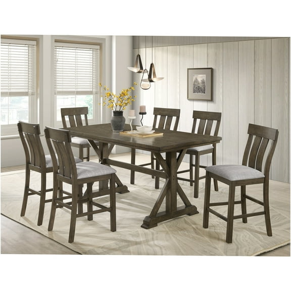 JERFIT 7-Piece Counter Height Dining Set with Upholstered Chairs, Farmhouse Trestle Table and Bench, Rustic Brown Wood Finish for Dining Room