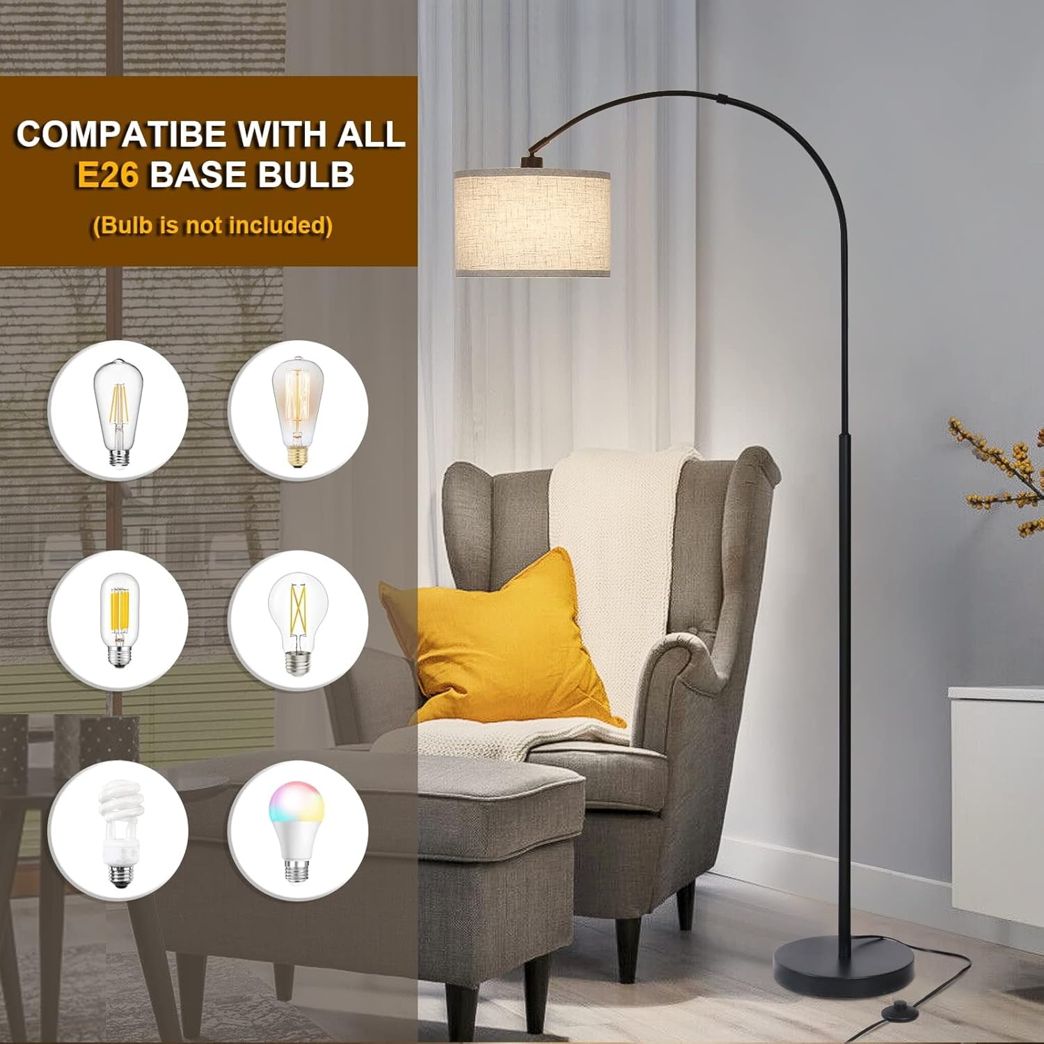 Floor Lamps for Living Room, Modern Standing Lamp with Adjustable Hanging Drum Shade, Tall Pole Lamp with Foot Switch, Over Couch Arched Reading Light for Bedroom, Office (Black)
