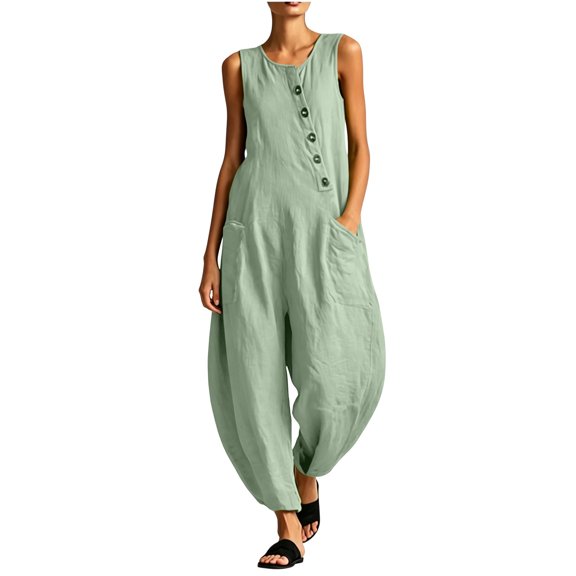 Vynhevius Women's Scoop Neck Jumpsuit Sleeveless Asymmetric Button Front Pockets Loose Harem One Piece