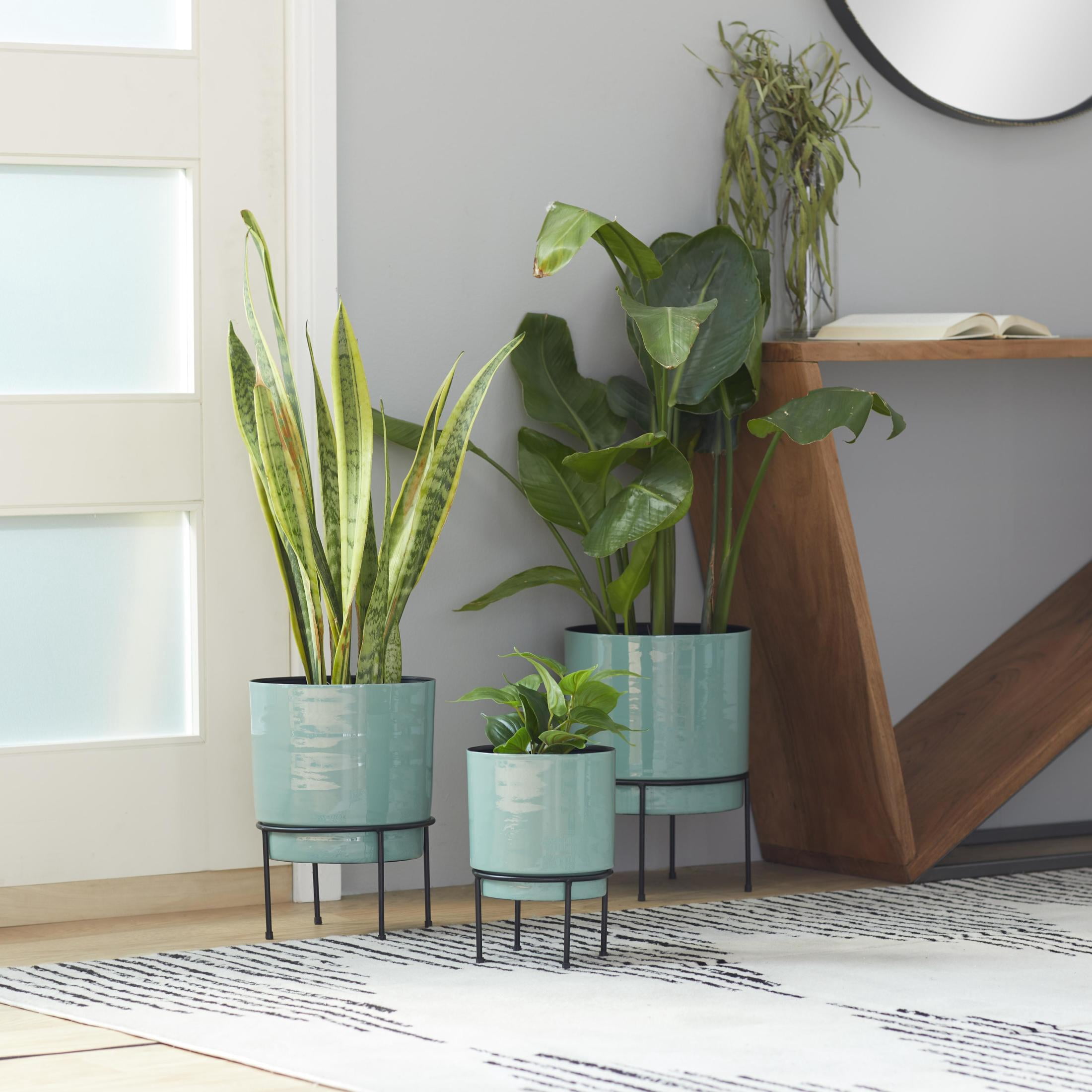 DecMode 10", 13", 14"H Teal Metal Planter with Removable Black Stand (3 Count)