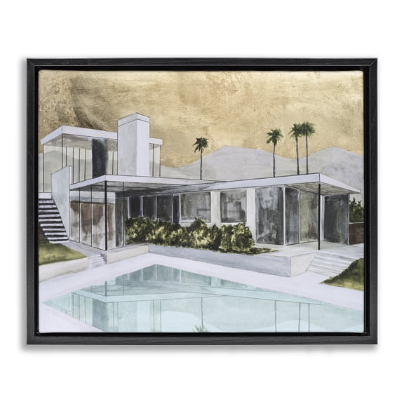 Stupell Industries Mid-Century Chic Tropical Pool Yard Black Floating Frame Canvas Art, 21 x 17, by Michael Willett