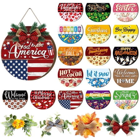 22 Interchangeable Welcome Sign For Front Door With 17 Magnetic Icon Wooden Seasonal Porch Decor 4 Wreath Holiday Christmas Gift(dark Brown Novel)