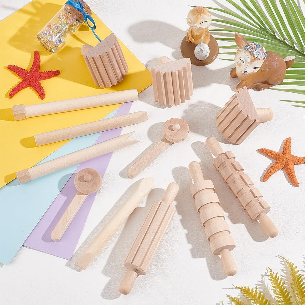 12pcs Clay and Dough Tools Play Accessories Includes Rollers Hammer Party Pack Wood Pottery Tools Stamps for Clay Art DIY Crafts Art Craft Activity Supplies BurlyWood