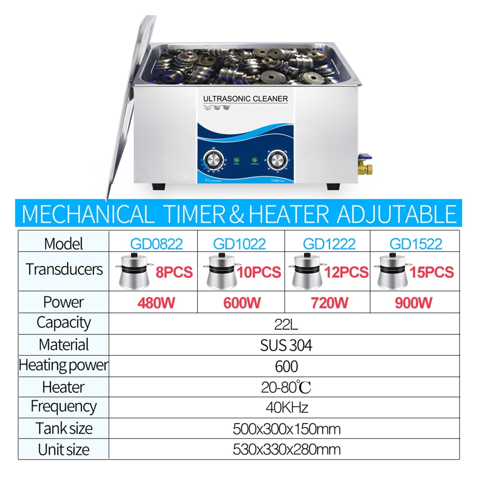 Ultrasonic Cleaner Industrial 22L 900W Heated Timer Stainless Steel Ultrasound Bath For 3D Eyeglasses Auto Engine Parts ,Strong Cleaning