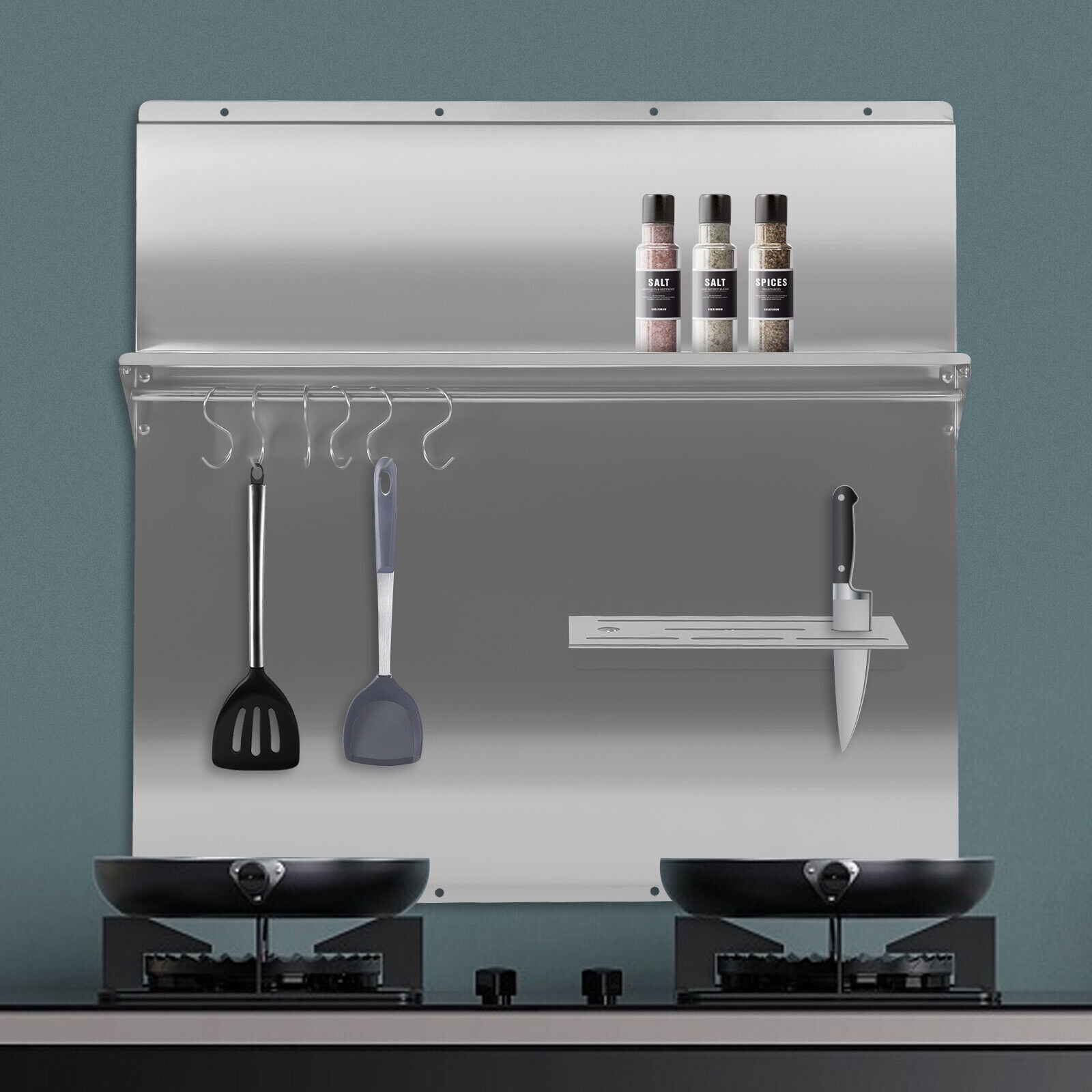Wall-Mounted Range Backsplash with Storage Shelf & Knife Rack, 30kg Capacity, Stainless Steel, Modern Kitchen Organizer with Hooks & Easy Installation
