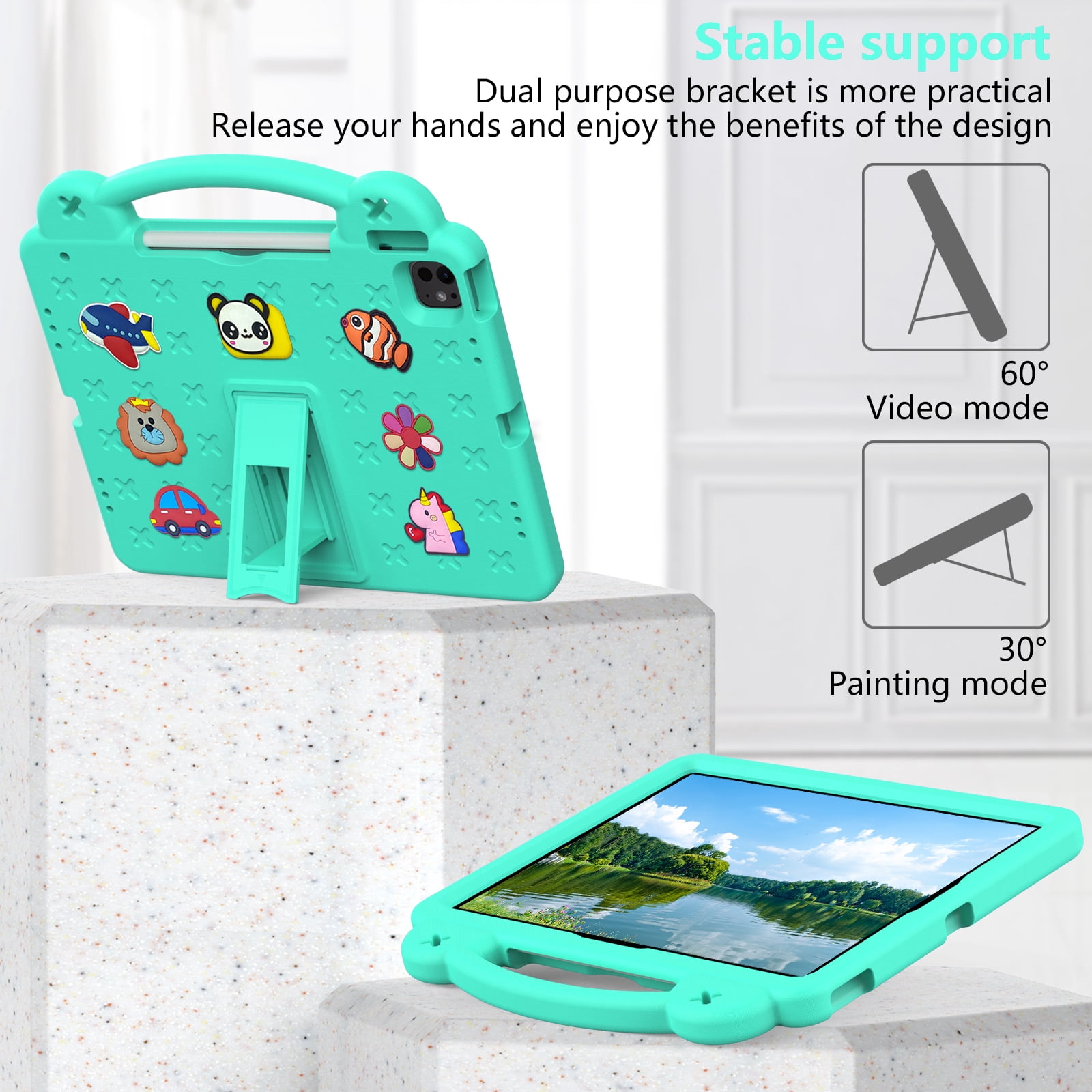Nalacover Cartoon Handle Case for Apple iPad Air 11 inch 2024 Case, EVA Foam Cute Pattern with Pencil Holder Kickstand Cute Shockproof PC Case for iPad Pro 11 inch 2024, Mintgreen