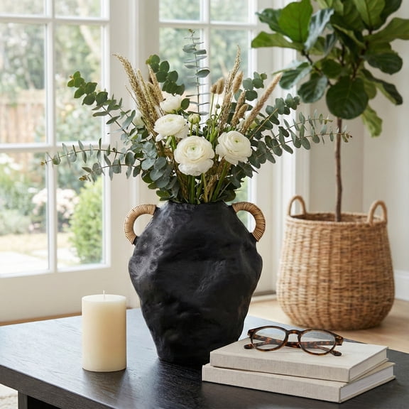 Classic Jug Vase for Living Room Decor - Handcrafted Pottery Flower Vase with Woven Handles for Home, Bedroom, and Office Table Decor - Terracotta-Style Clay Accent for Modern House - 13", Black