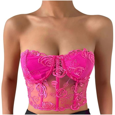 

Women s Casual Floral Lace Corset Bustier Crop Top Sexy Sleeveless Strapless Bandeau Solid Cropped Tank Cami Tops