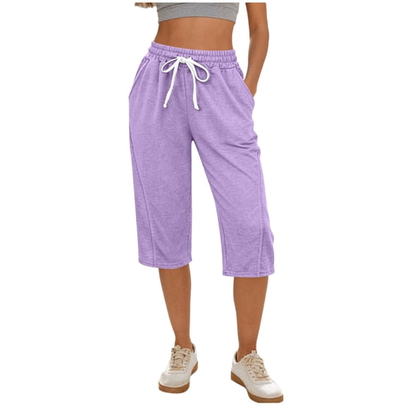 PEIBang Women's Soft Knit Mid Calf Casual Pants, Drawstring Waist Loose Capri Sweat Bottoms With Side Pockets