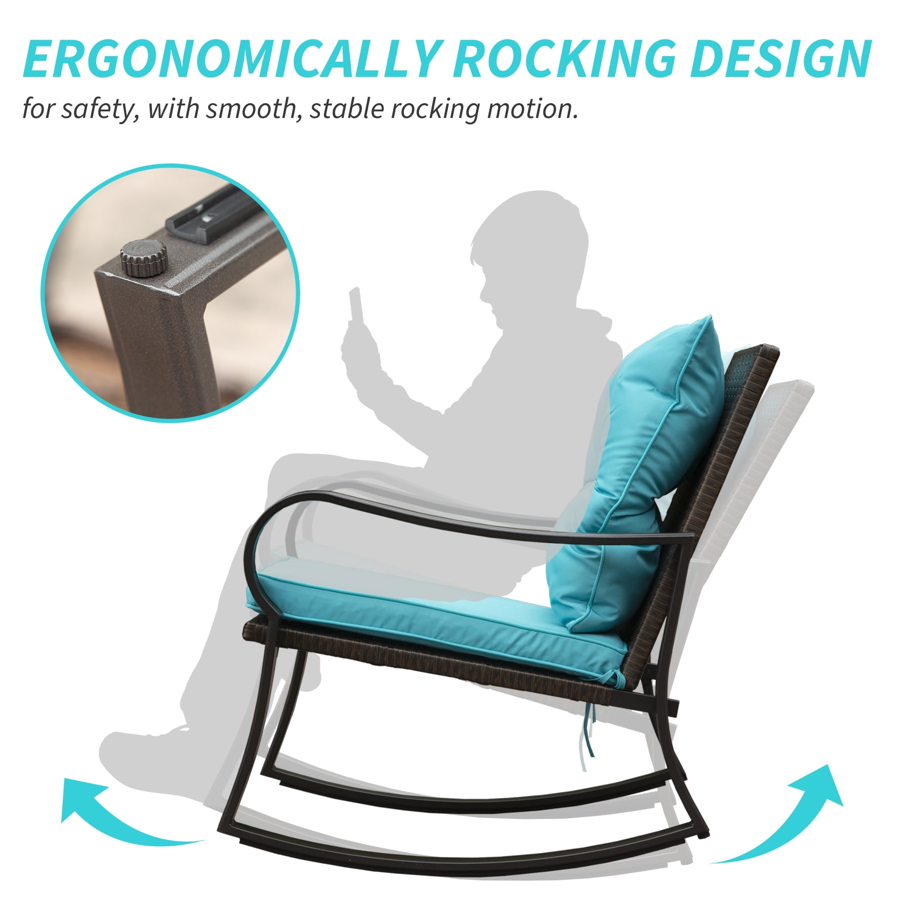 Leumius 3-Piece Outdoor Rocking Chair Set,Wicker Rocking Bistro Patio Set with Cushions & Table for Backyard, Porch, Balcony, Poolside,Blue