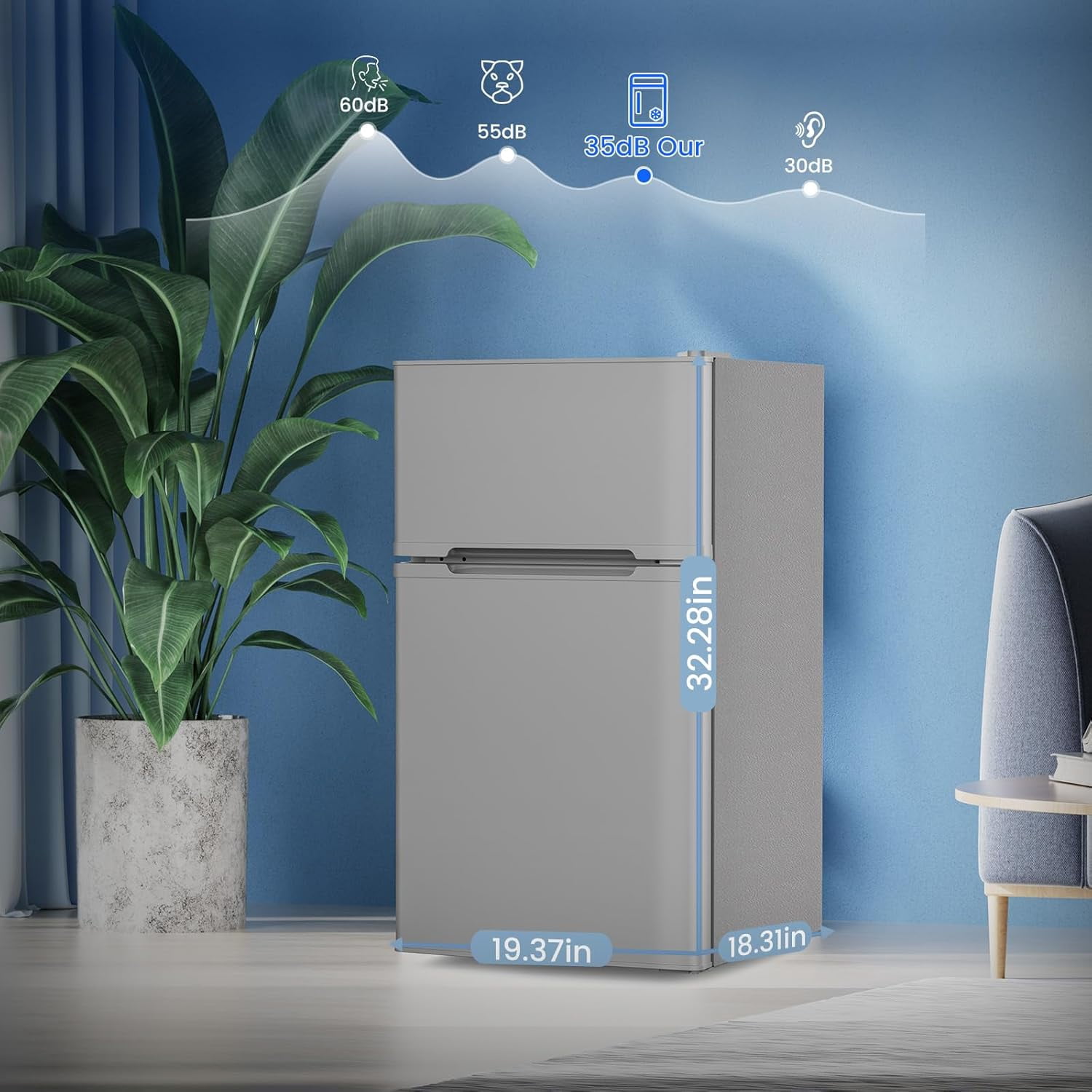 3.1 Cu.Ft Double-Door Compact Mini Fridge with Freezer & Adjustable Glass Shelves -Grey for Dorm, Bedroom, Apartment