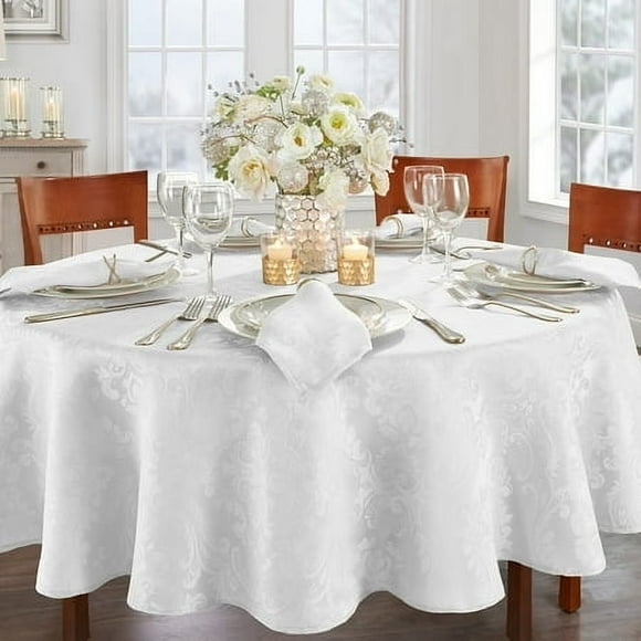 Elrene Home Fashions Caiden Elegance Damask Fabric Tablecloth, 60" x 84" Oval, White