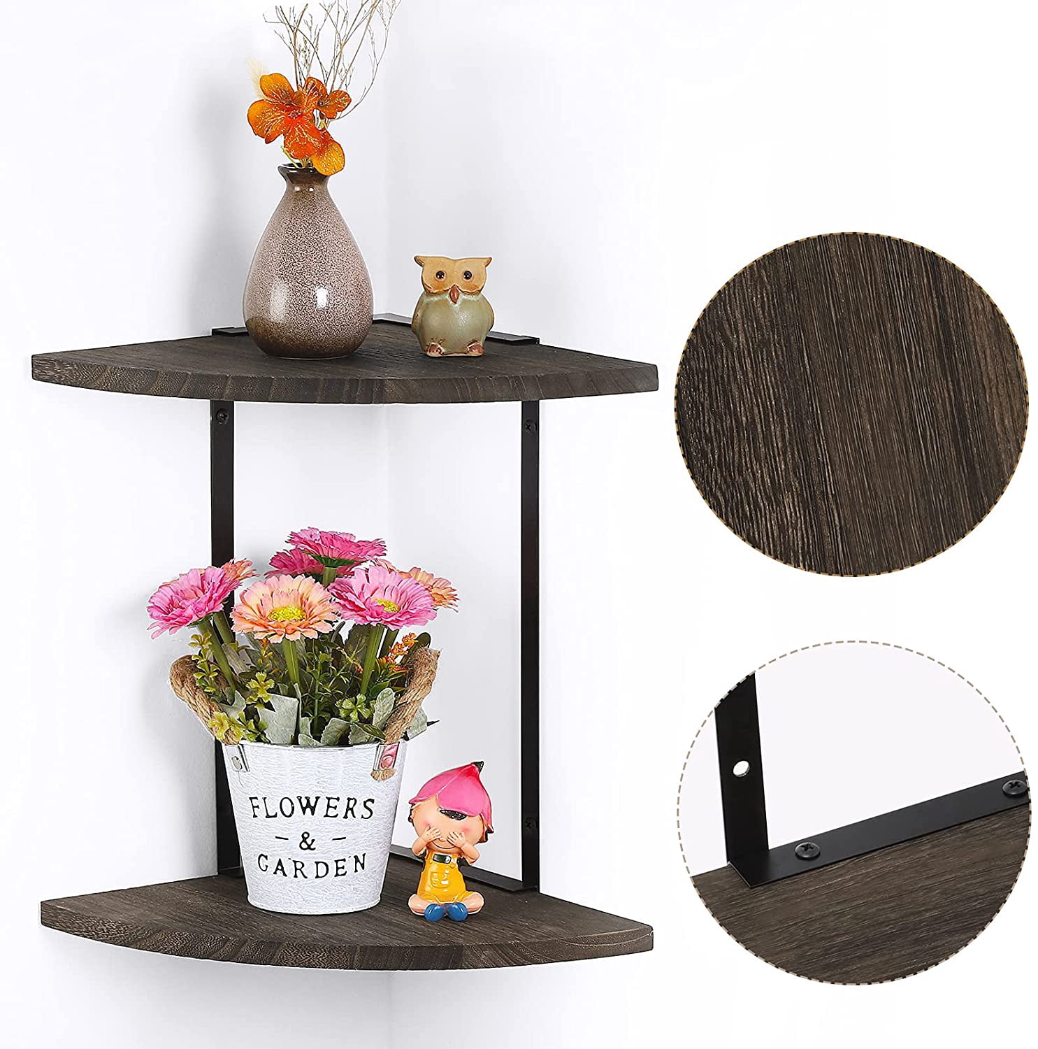 NEX Rustic 9" x 15" 2-Tier Brown Floating Corner Shelf