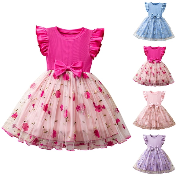 SGFCWSX Girls Party Dress Ruffle Sleeve Bow Waist Floral Mesh Tulle Princess Tutu Dresses for Kids Hot Pink Size 4T