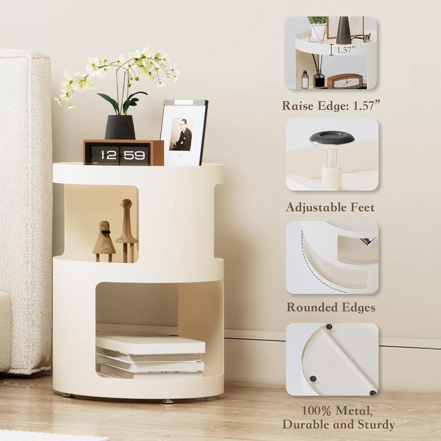 XIV Side Table, Round End Table, Metal Accent Table, Modern Nightstand, Small Bed Side Table for Living Room Bedroom Outdoor Entryway, No Assembly Required