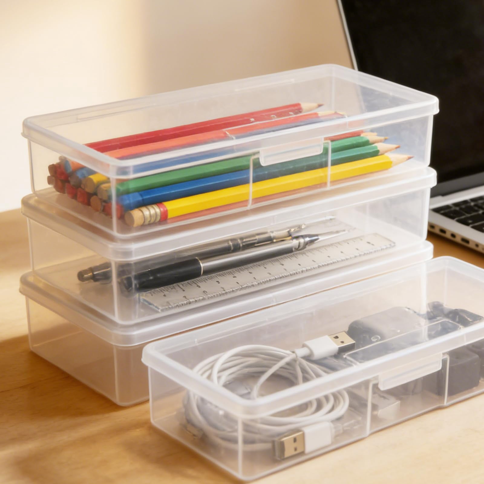 24 Pack Clear Pencil Boxes  Small Storage Box With Snap Lid Rectangle Mini Plastic Containers For Crayon Beads And Crafts 7.6 X 3 1.5 Inch