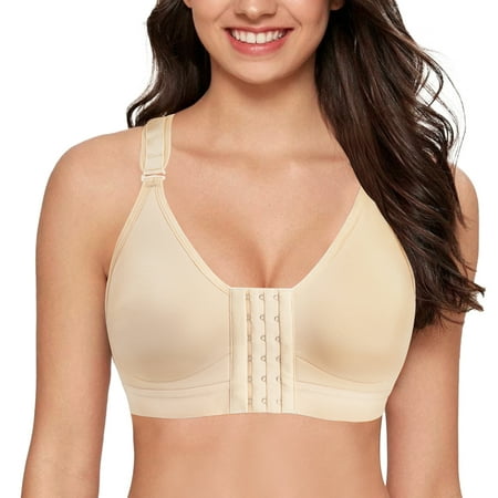 

Junlan Women Front Closure Zip Sports Bras Post Surgical Bra Hooks Racerback Support Wirefree Adjustable Straps(Beige XL)