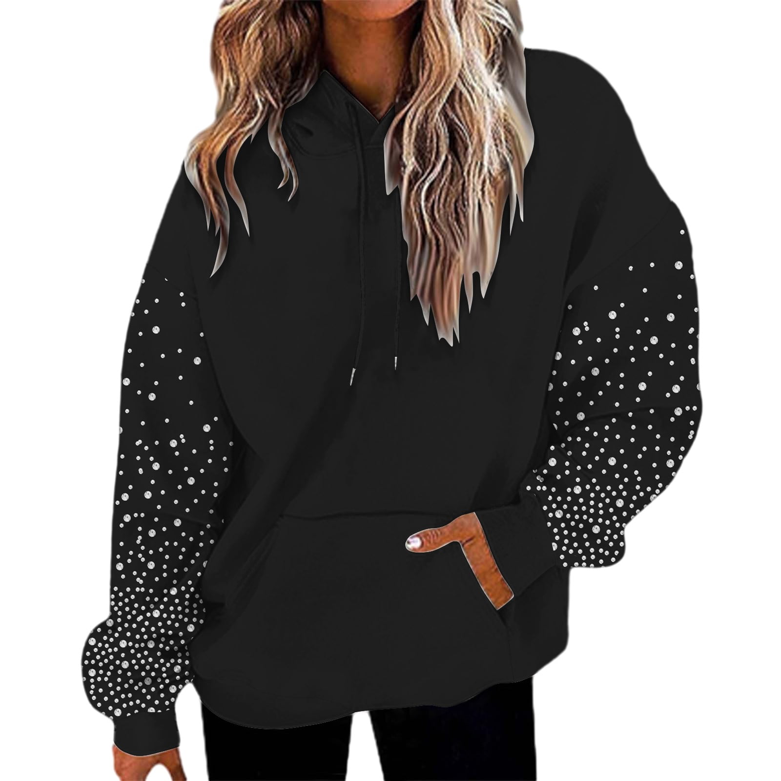 Women's Rhinestone Encrusted Hooded Sweatshirt, Comfortable Fleece Lined Pullover with Sparkle Design, Fashionable Casual Winter Wear for Autumn and Winter Seasons, Daily Use and Cold Weather Black L