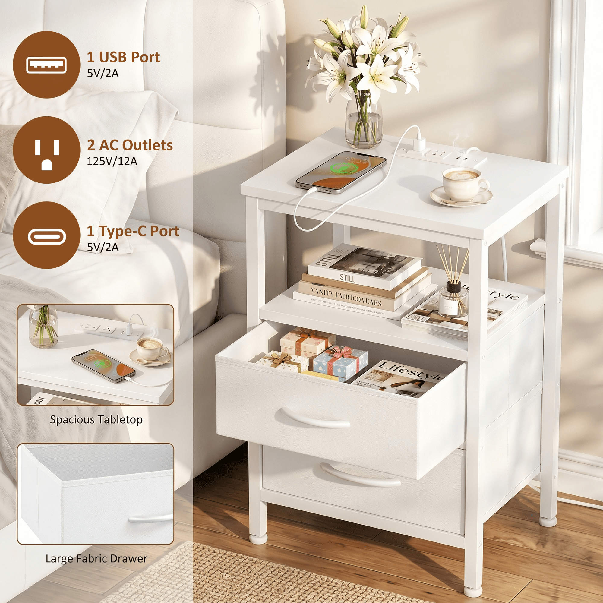LIFERECORD Nightstand Set of 2 with 2 Fabric Drawers, Nightstand with Charging Station, End Tables with Storage Shelf for Small Spaces, Bedside Table Side Tables for Bedroom, White