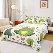 Castle Fairy Kids Children Kawaii Flower Frog Full Size Sheets 4-Piece,Green Red Breathable Bed Sheets,Cartoon Animal Lightweight Sheet Sets,Breathable Home Decor