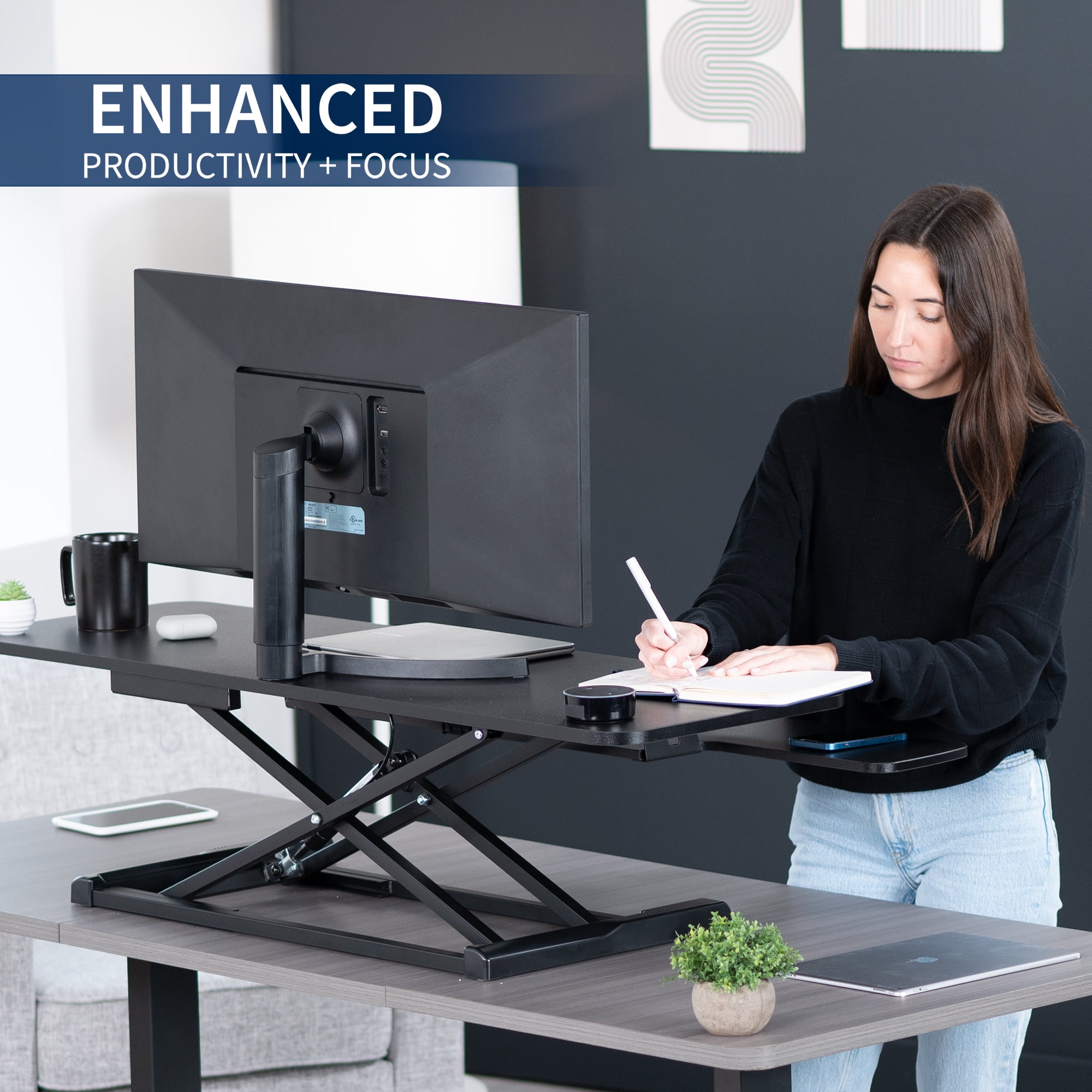 VIVO Black Height Adjustable 48" Standing Desk Monitor Riser, Sit Stand Tabletop