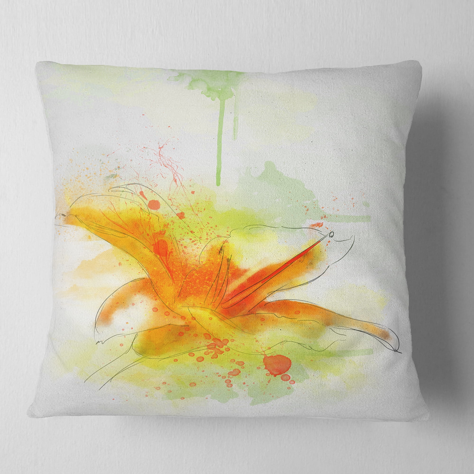 Designart Yellow Red Flower with Color Splashes - Floral Throw Pillow - 16x16
