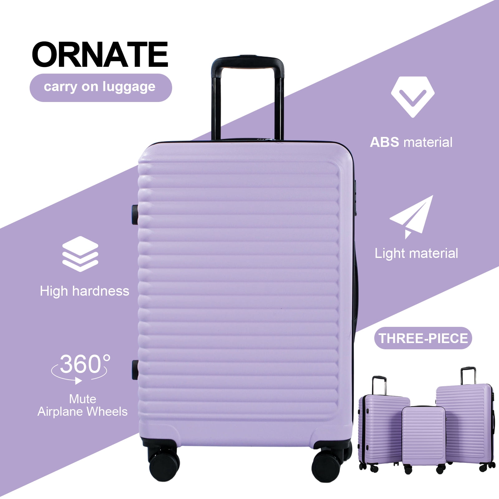 Travelhouse 3 Piece Hardside Luggage Set Hardshell Lightweight Suitcase with TSA Lock Spinner Wheels 20in24in28in.(Light Purple)