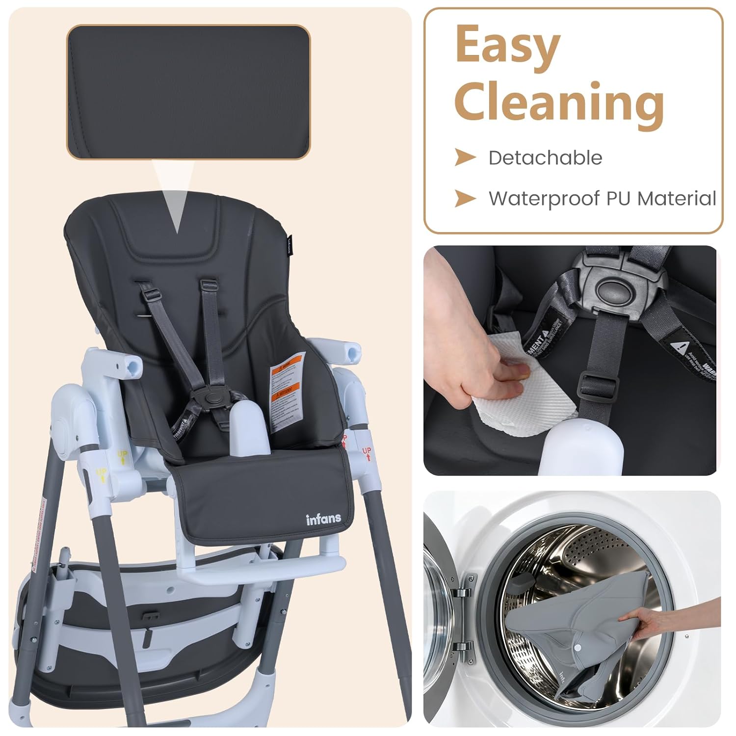 INFANS High Chair for Babies and Toddlers, Foldable Highchair with 7 Different Heights 4 Reclining Backrest Seat 3 Setting Footrest, Removable Tray Built-in Rear Wheels with Locks