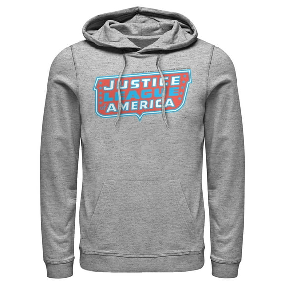 Men's Justice League Patriotic Frame Logo Pull Over Hoodie Athletic Heather Medium