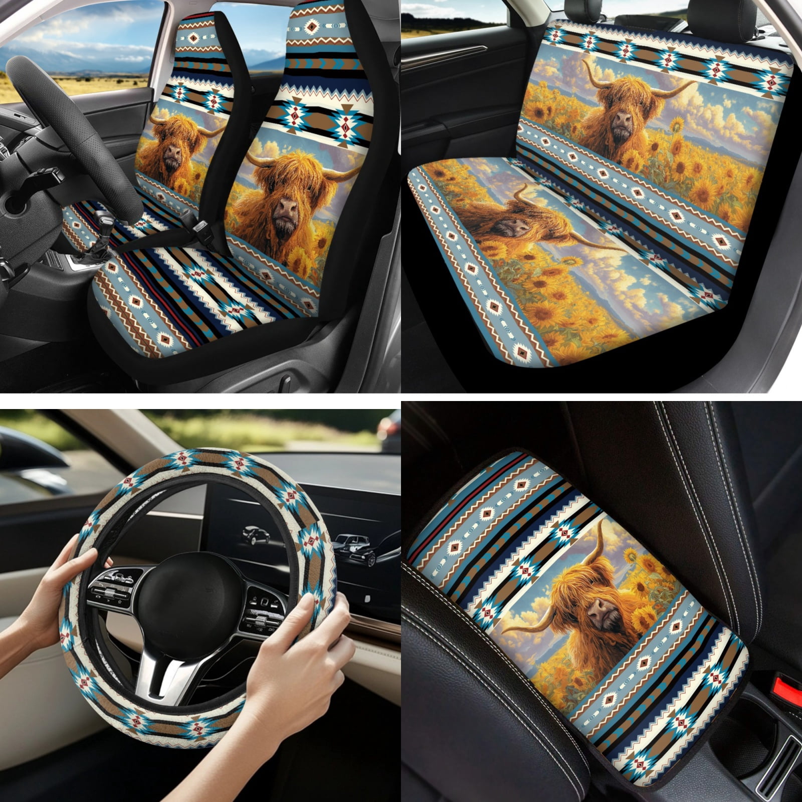 Yuyamidu Highland Cow Car Seat Cover of 13 Western Aztec Steering Wheel Cover Seatbelt Pads Auto Armrest Cover Keychain Coasters Car Accessories, Universal Fit