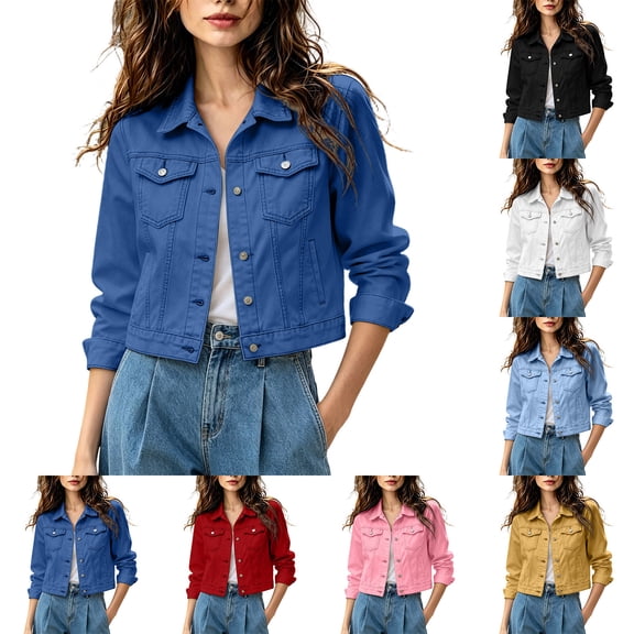 Women's Cropped Denim Jacket Button Down Collared Long Sleeve Short Coat with Pockets Colorful Casual Outerwear for Daily Commute Streetwear