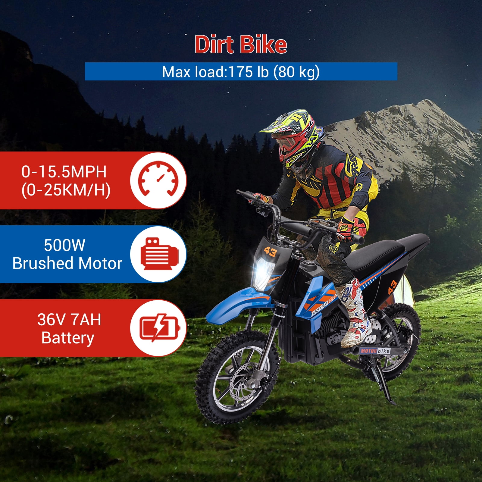 Towallmark 36V Electric Dirt Bike for Teens, 350W Brushless or 500W Brushed Motor, Up to 15.5MPH & 175LB Capacity, Off-Road Motorcycle with Front/Rear Brakes, Blue