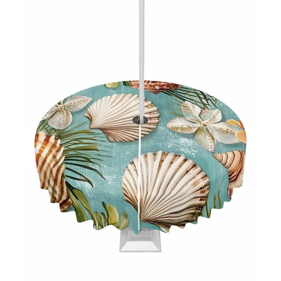 Hokiten Outdoor Tablecloths with Umbrella Hole & Zipper, Summer Tropical Round Tablecloths 60 Inch, Coastal Shell Flower Palm Leaf Waterproof Table Cloth, Patio/Pool/Picnic Table Covers