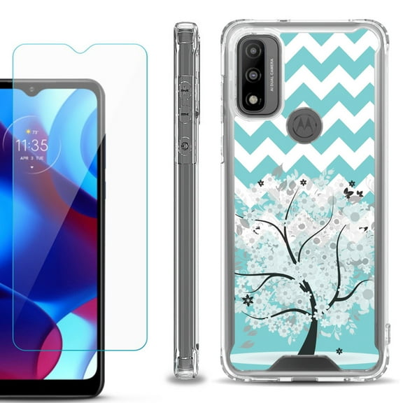 Shockproof Bumper Phone Case for Motorola Moto G Pure, with Tempered Glass Screen Protector, by OneToughShield ® - Chevron/Tree