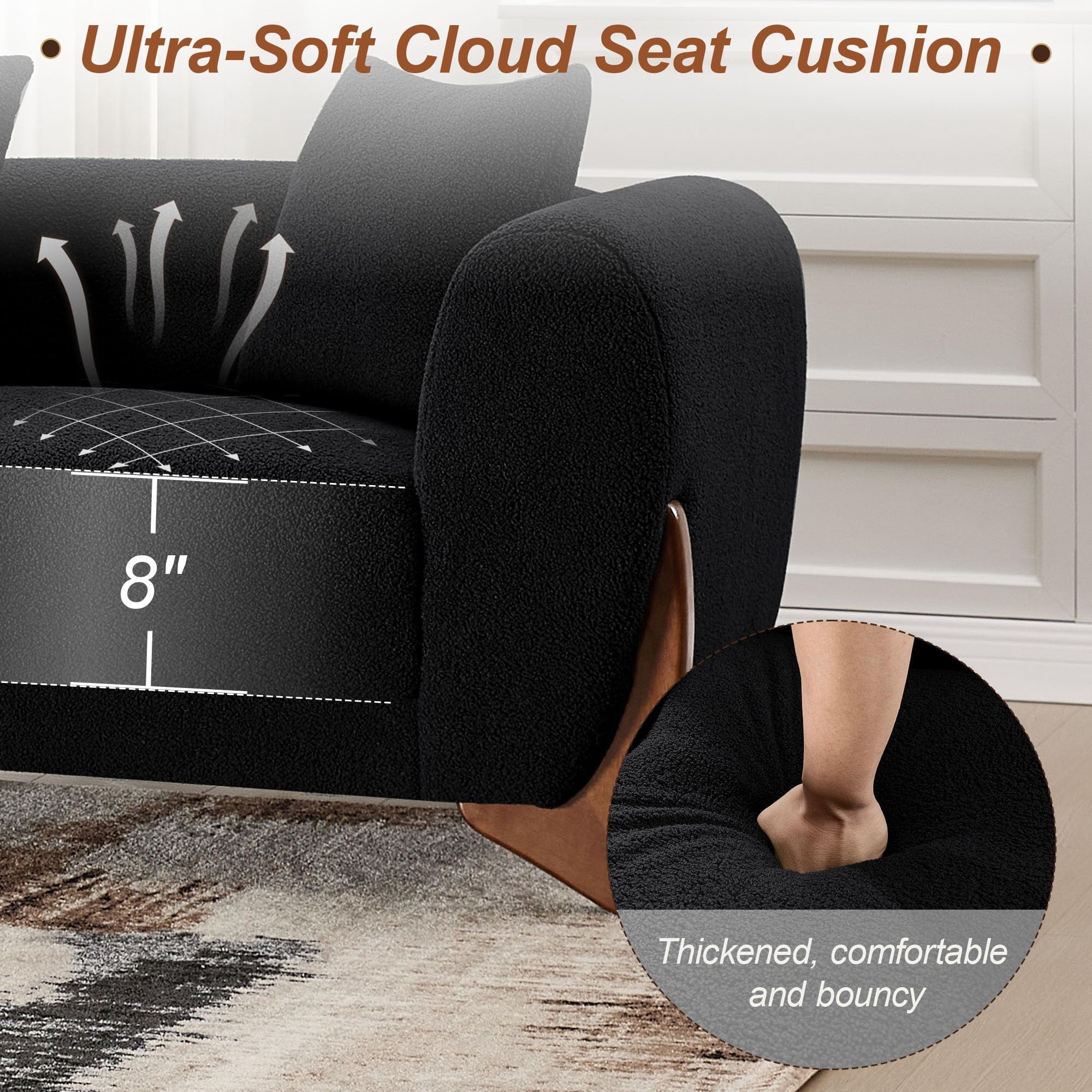 Aukfa 83" Comfy Sofa Sherpa Boucle Living Room Couch, 26" Extra Deep Seat, 4 Pillows, Black