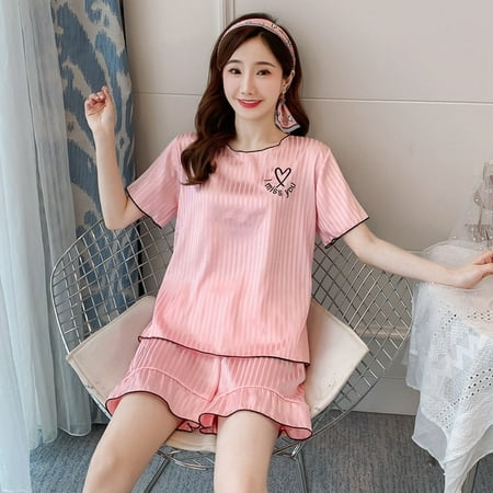 

PIKADINGNIS Faux Silk Pajamas Set Spring Summer Woman Pajamas Sleepwear Casual Short-sleeved Trousers Satin Silk Female Home wear Set