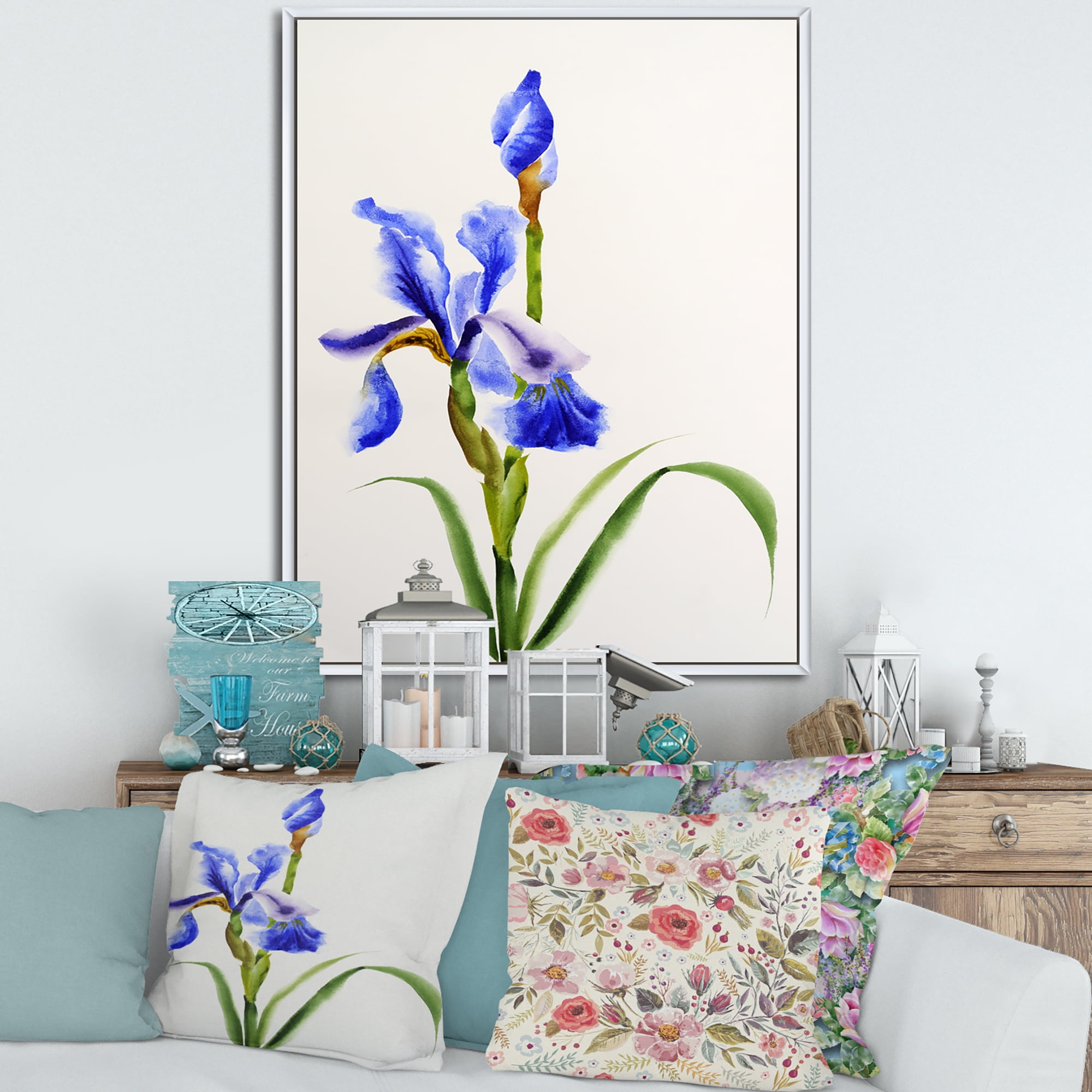 Designart 'Blue Iris Flower Retro Style' Traditional Framed Canvas Wall Art Print