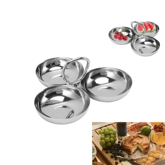 1Pack Snack Fruit Plate,3 Compartments Serving Tray with Handle,QZS Stainless Steel Fruit Bowl for Indoor,Portable Dessert Plate