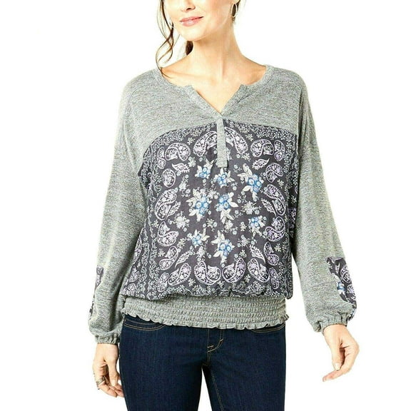 Style & Co. Women’s Smocked Paisley Printed Banded Hem Top (Grey, S)