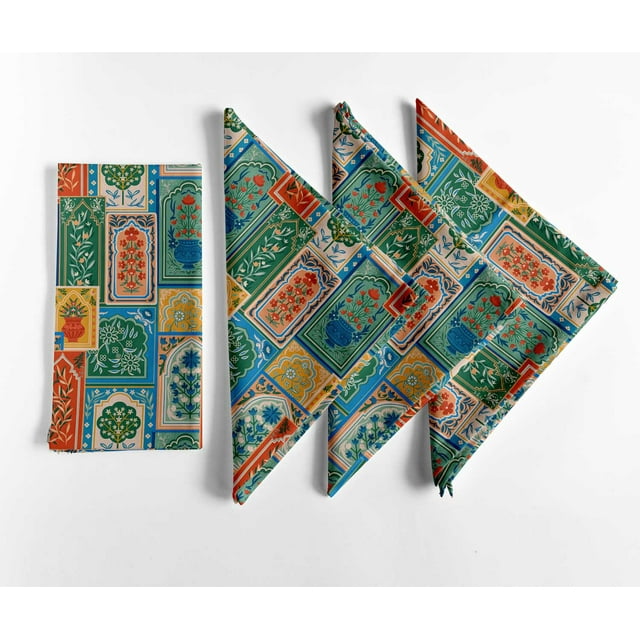 Vargottam Designer Cotton Canvas Napkins - Set of 12, 20-Inch, Green Patchwork Theme Pattern, Durable & Absorbent Cloth Napkins for Dining, Parties, and Home Decor - Machine Washable