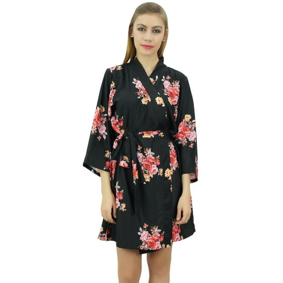 Bimba Women's Floral Printed Black Georgette Bridesmaid Robe Coverup Wrap-326