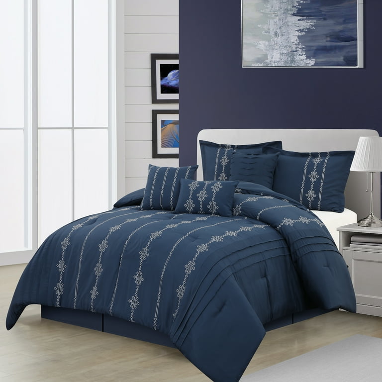 Nanshing Shay 7 Piece Geometric Embroidery Comforter Set Navy