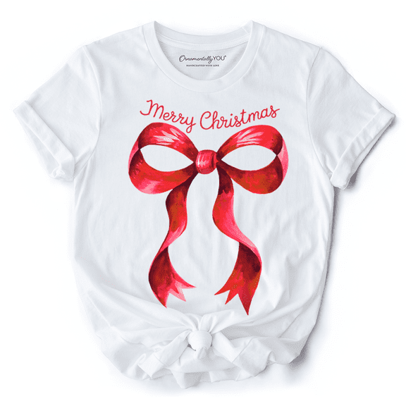 Merry Christmas Red Coquette Bow T‑Shirt, Minimalist Holiday Ribbon Tee for Festive Season