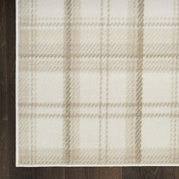 8' Runner Beige and Ivory Plaid Power Loom Runner Rug