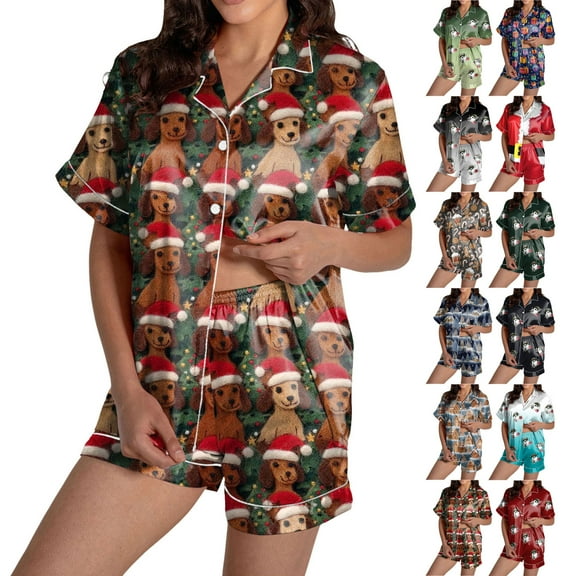 TTUHYWXI Womens Christmas Pajamas Silk Satin Sleepwear Holiday Matching Pjs Funny Short Sleeve Button Down Nightwear Set (Coffee, XXL)
