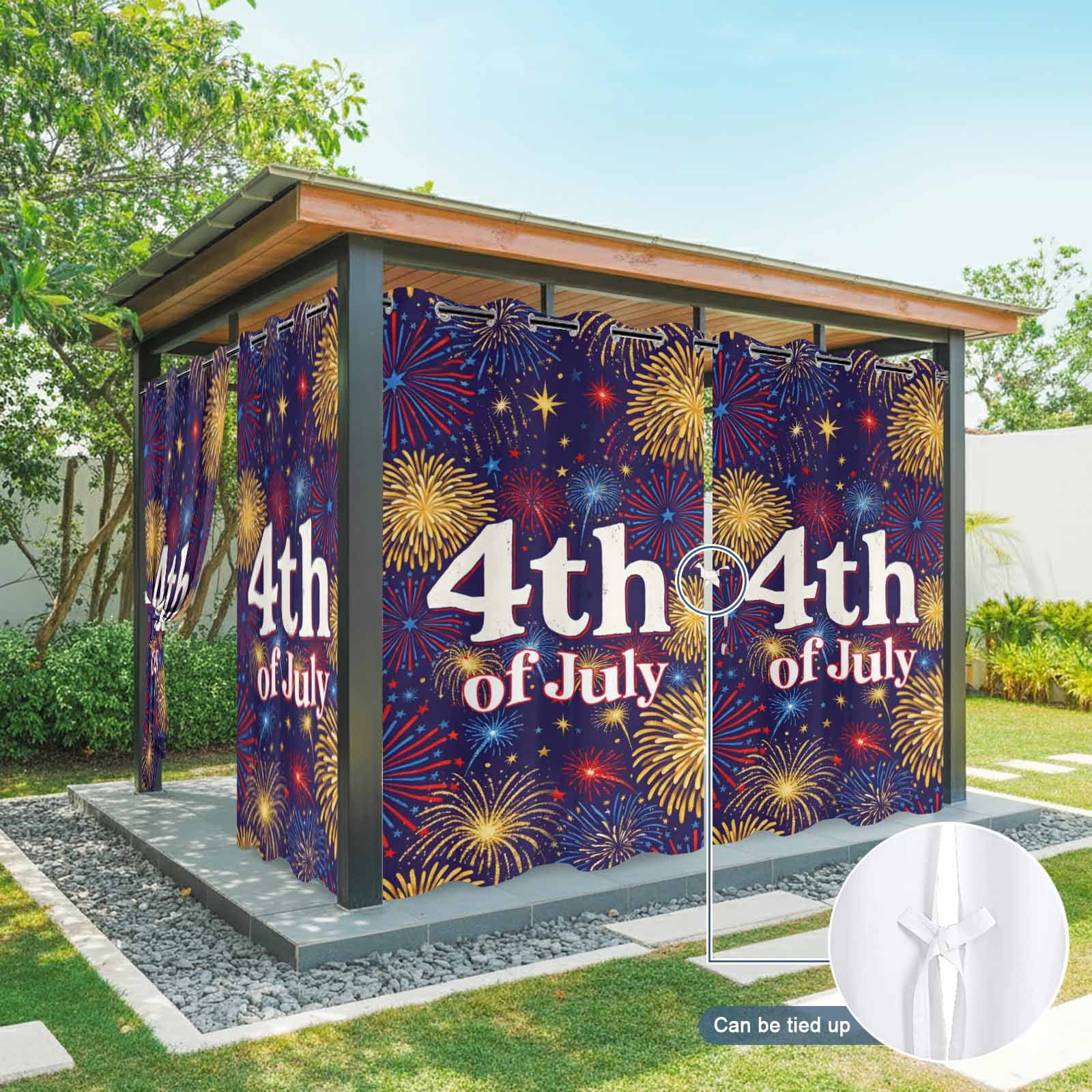 July 4th Outdoor Curtains for Patio, Independence Day Retro Red Blue Yellow Fireworks Dark Blue Sunshade Privacy Drapes Grommet Waterproof Outside Curtains for Porch/Cabana/Balcony 54"x 108", 1 Panel
