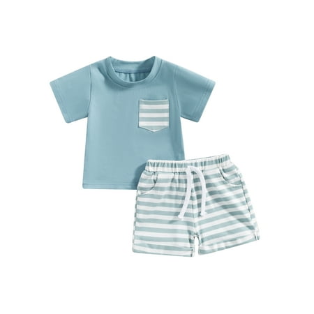 

Binpure Kids Girls Boys Pants Suit Casual Party Short Sleeve Round Neck Tops + Loose Striped Drawstring Short Pants Suit