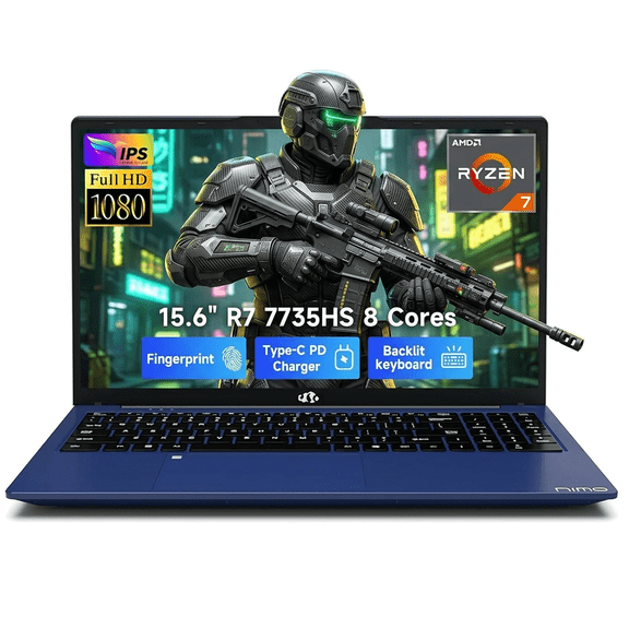 15.6" FHD Gaming Laptop 32GB DDR5 RAM 2TB NVMe SSD AMD Ryzen 7 7735HS (8 Cores Up to 4.75GHz) with Radeon 680M Graphics 100W PD Type-C Backlit Keyboard Fingerprint Unlock Blue